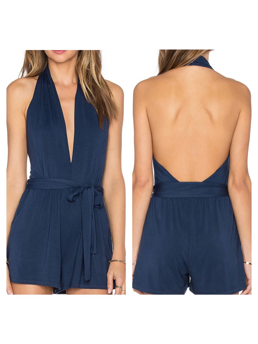 Krisa Revolve Black Siro Micro Modal Halter Romper with Pockets - Size M - NWT